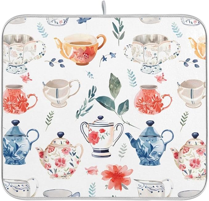 Watercolor Tea Cups Teapots Dish Drying Mat for Kitchen Counter Absorbent Microfiber Drying Pad, Large 18x24 in, Reversible Drainer Mats