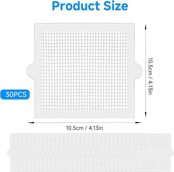 30PCS Disposable Shower Drain Hair Catcher, 4.13Inches Square Mesh Stickers, Hair Trap for Shower Drain, Adhesive Hair Stopper for Bathroom Tub Kitchen Sink, Glass Fiber Drain Filter