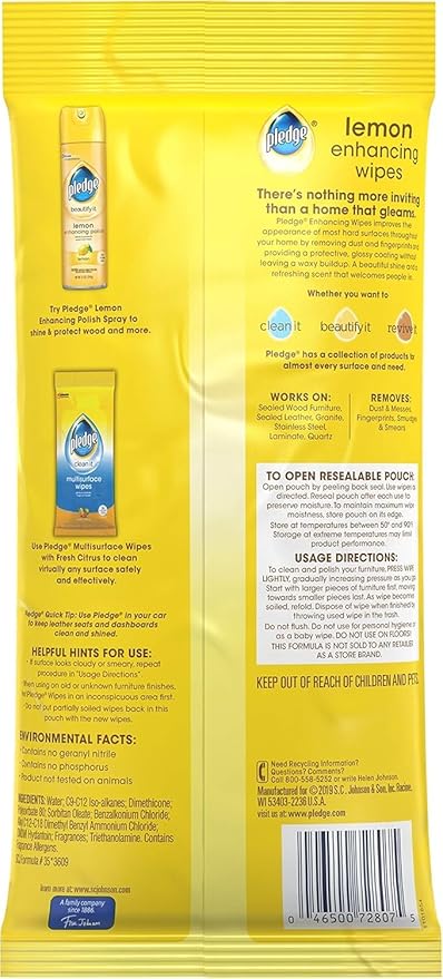 Pledge Multi-Surface Cleaner Spray and Wipes Bundle, Works on Leather, Granite, Wood, Lemon Scent (2 Count of 9.7 oz Cans, and 2 Pack of 24 Wipes)