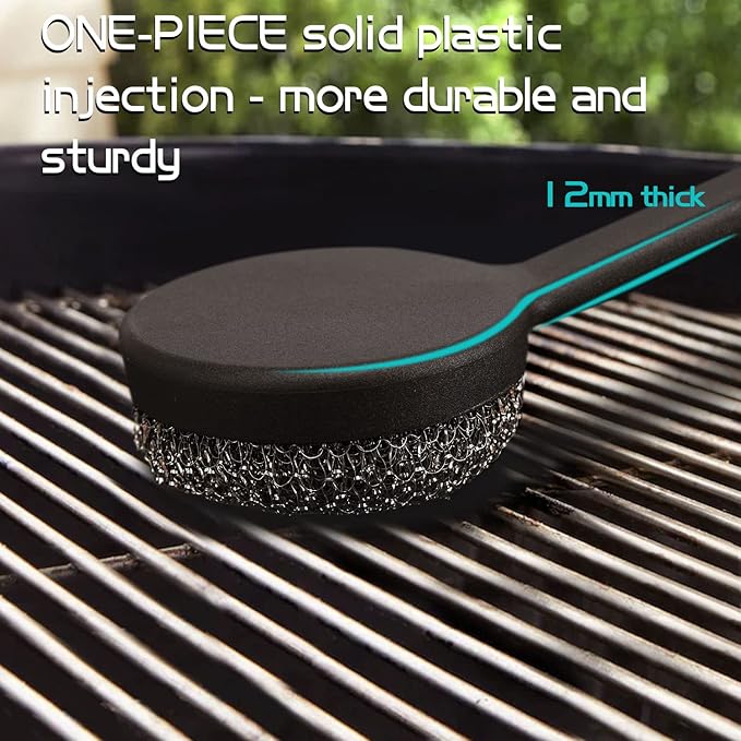 18" Long Handle Grill Brush with Replaceable Head - Safe Bristle Free Stainless Steel BBQ Cleaner with Heavy Duty Scrubber Pad, Grill Accessories Steel Wool Scrubbers for Porcelain Gas Charcoal Grill