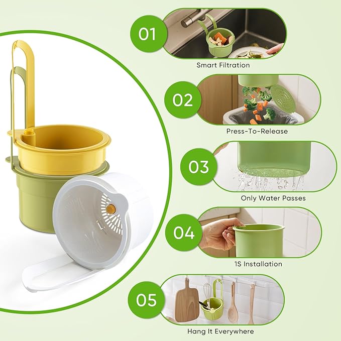Hanging Food Waste Catcher for Sink, Sink Strainer Basket with Press Dumping, Self-Cleaning Design – Food Strainer for Sink, Faucet-Mounted Trash Catcher for Kitchen (Yellow)