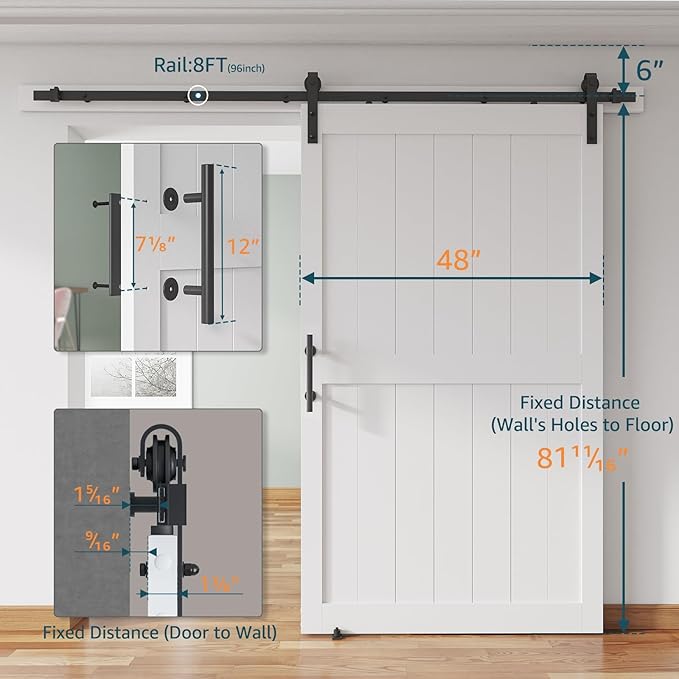 48''x 80'' Sliding Barn Door with 8 Ft Barn Door Hardware Kit& Handle& Floor Guides,Pre-Drilled Holes Easy Assembly - Include Installation Manual, Water-Proof PVC Surface, H-Frame, White