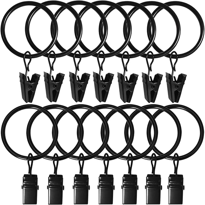 100 Pack Curtain Rings with Clips, Drapery Clips with Rings, Drapes Rings 1.26 in Interior Diameter, Fits up to 1 Inch Curtain Rod, Black
