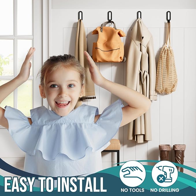 TAILI Damage-Free Hanging Metal Hooks with Adhesive Strips, 2 Hooks and 2 Strips, Heavy Duty Wall Hooks for Home Storages and Decorations