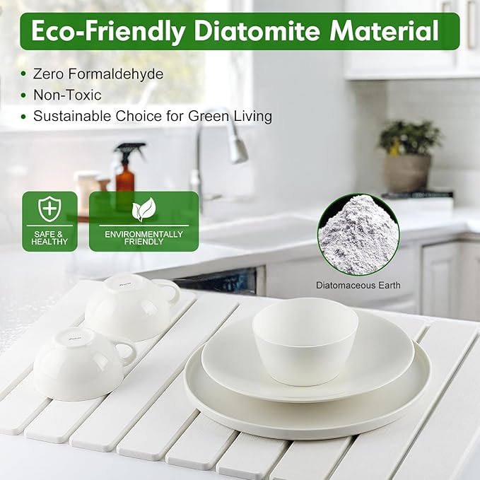 Stone Dish Drying Mat for Kitchen Counter | 24"×16" Diatomaceous Earth Quick-Dry Absorbent Large Dry Mats White