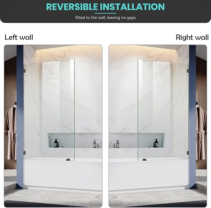 34" W x 58" H Frameless Single Fixed Bath Panel, Fixed Bathtub Screen with Clamps, 1/4" Clear Glass, Bathroom Shower Door Screen Fixed Tub Shower Glass Door Panel in Matte Black