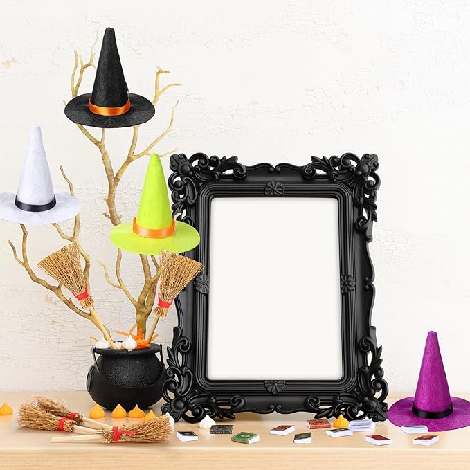36 Pieces Mini Halloween Decorations 12 Mini Felt Witch Hats 12 Small Brooms 12 Miniature Dollhouse Books Tiny Witch Accessories Set for DIY Crafts Halloween Party Decor Supplies (Colorful)