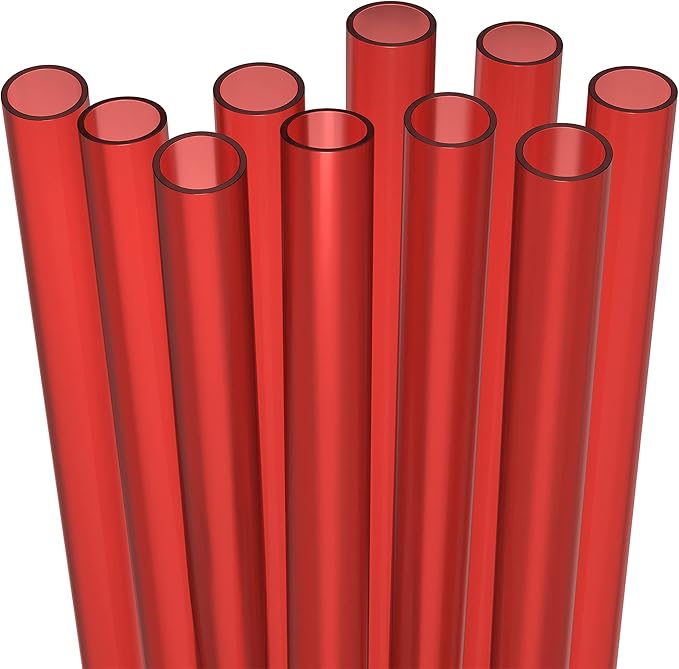 10 EXTRA WIDE Long Reusable Hard Plastic Drinking Straws + Cleaning Brush - Fat Thick Large Jumbo Straws for Smoothies and Milkshakes - Red - Dishwasher Safe BPA Free