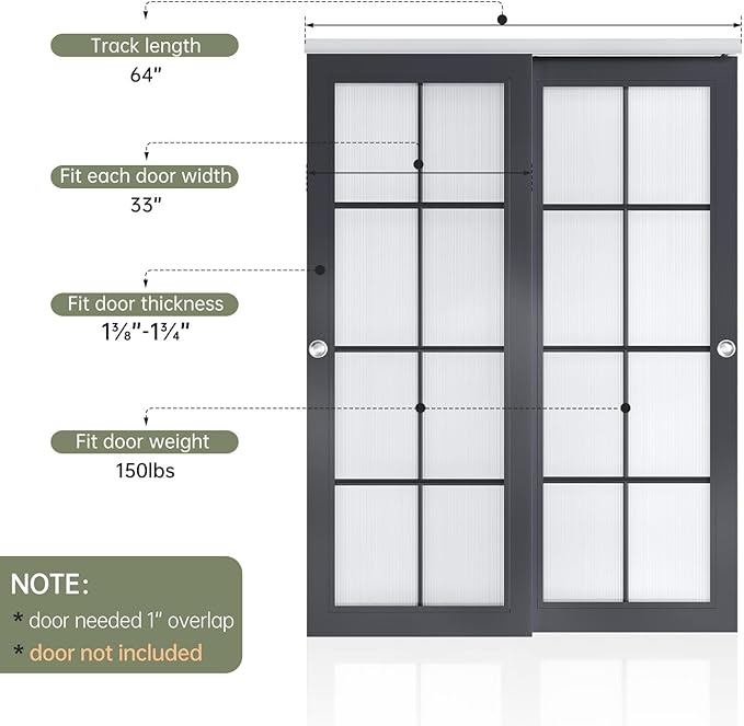 EaseLife 5.3FT/64in Bypass Double Sliding Pocket Door Hardware Kit,Commercial Grade,Aluminum,Bypassing Closet Doors Track for 2 Door System,Slide Smoothly Quietly,Easy Install,No Doors