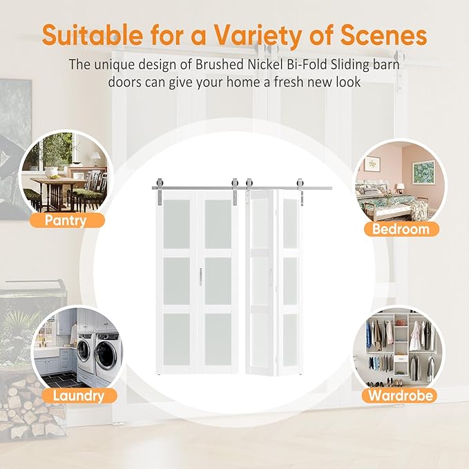 Bifold Closet Doors, 60" x 84", 3 Lites Frosted Glass Bifold Door with Brushed Nickel Sliding Hardware Kit Set, Pre-drilled Bi fold Barn Door Slab, 2X 2.83FT Track for 4 Doors