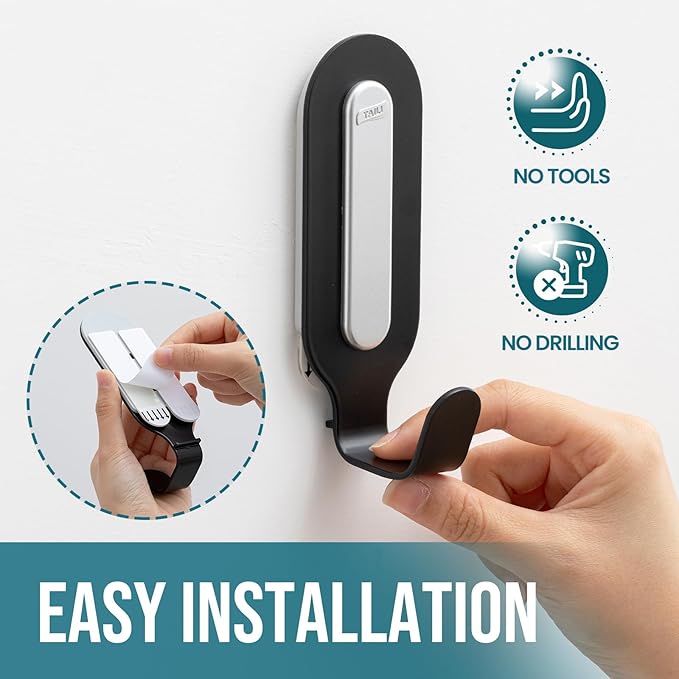 TAILI Damage-Free Hanging Metal Hooks with Adhesive Strips, 2 Hooks and 2 Strips, Heavy Duty Wall Hooks for Home Storages and Decorations