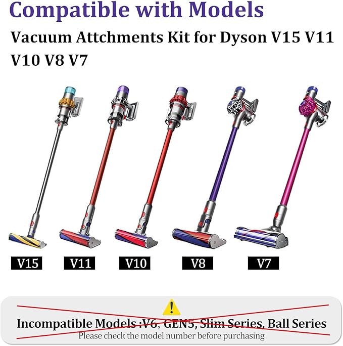 6 Pcs Vacuum Attachment Kit for Dyson V15, V12, V11, V10, V7, and V8 Cordless Vacuum Cleaners, Includes Hose, Crevice Tool, Mattress & Soft/Hard Brushes