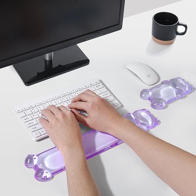 Gel Keyboard and Mouse Wrist Rest Set – Clear Wrist Rest for Computer Keyboard 60%/68%/75%, Comfort & Support for Typing and Gaming(Cute Purple Bear)