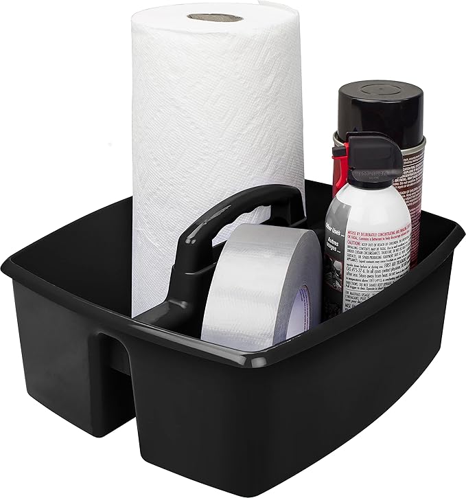 Storex 2-Compartment Large Cleaning Caddy – Multipurpose Supply Organizer with Handle, Black, 1-Pack (00973C06C)