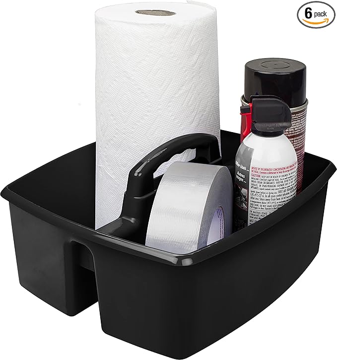 Storex 2-Compartment Large Cleaning Caddy – Multipurpose Supply Organizer with Handle - Black (00973A06C),(Pack of 6)