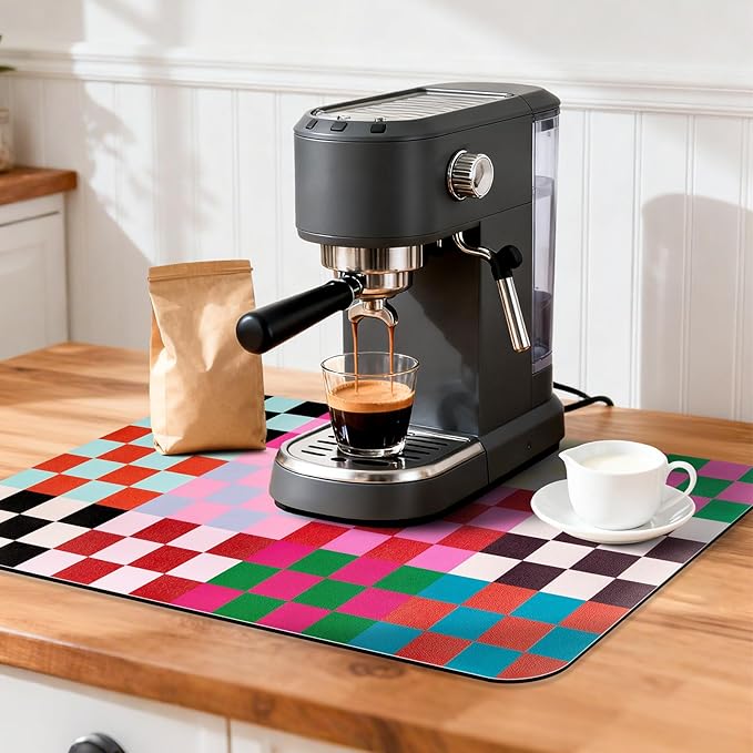 Checkered Dish Drying Mat (Colorful Chessboard, 24" x 16") for Kitchen Counter Coffee Mat Bar Accessories,Fit Uder Pot, Dish Rack,Hide Stain,Absorbent Easy Clean Colorful Dish Rack Pad