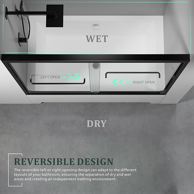 Sliding Bathtub Shower Door 56-60" Width x 62" Height With 1/4"(6mm) Clear Tempered Glass, Black Stainless Steel Hardware, Double Handles Bypass Tub Doors