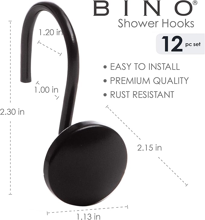 BINO | Shower Curtain Hooks - Matte Black- Set of 12 | Hooks Shower Curtain | Shower Curtain Rings Hooks | Rust Proof Shower Curtain Hooks | Bathroom Shower Hooks for Curtain | Bathroom Essentials