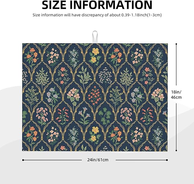 Vintage Flowers Dish Drying Mat 18x24 inches Microfiber Absorbent Fast Dry Mat for Kitchen Counter Coffee Bar Boho Floral Large Drying Mat Kitchen Decor Gifts (Vintage Flowers, 18x24 inches)
