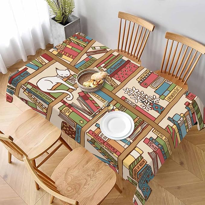 Books on Bookshelf Rectangular Tablecloth Cute Sleeping Cat Kitten in Library Brown 52x70 Table Cloth for Wedding Party Banquet,Dining Kitchen Table Cover