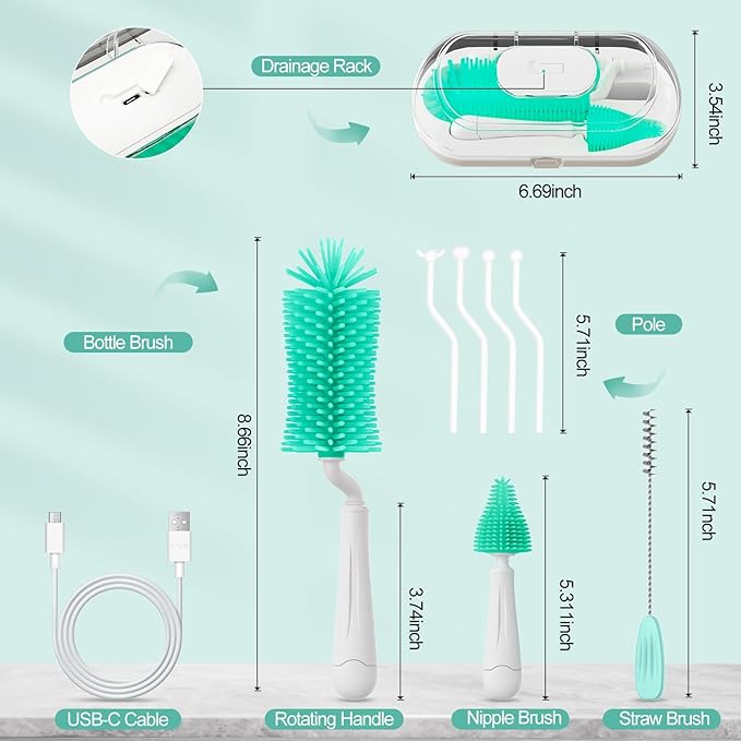 Bottle Brush Set,Travel Bottle Cleaner Kit with Baby Bottle Brush,UV Light,Straw Brush,Nipple Brush,Bottle Drying Rack for Home and Travel(Green)