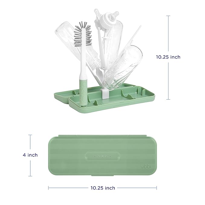 Ubbi On-the-Go Drying Rack and Brush Set, Includes Travel Case and Bottle Brush for Compact Storage, Holds Up To 8 Bottles, Baby Travel Accessories, Sage