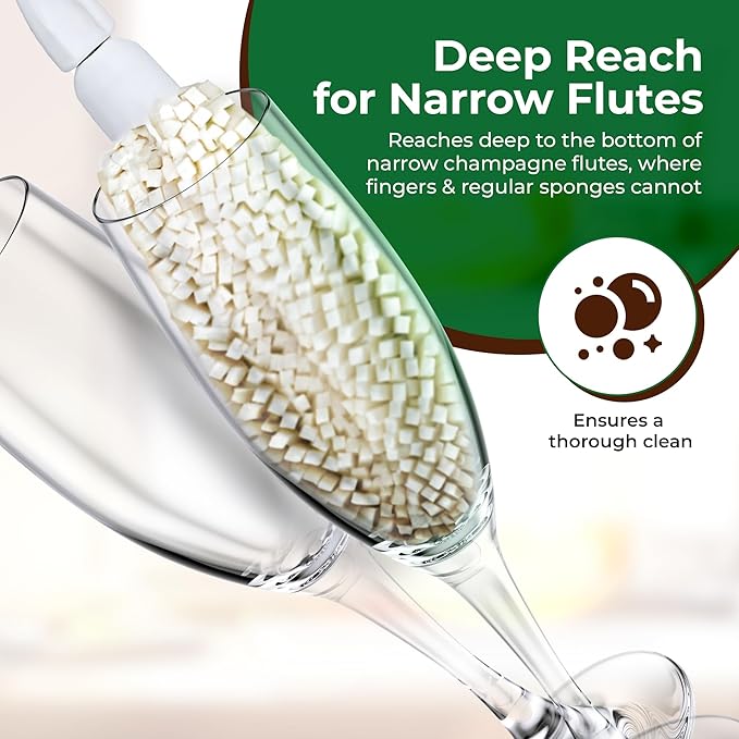 Tupkee Wine Glass Cleaning Brush – Soft Non-Scratch Foam Bristles, Dishwasher Safe – Flute and Stemware Wine Glass Cleaner Brush for Crystal, Champagne Glasses, Bottle, Mug & Tumbler – Made in the USA