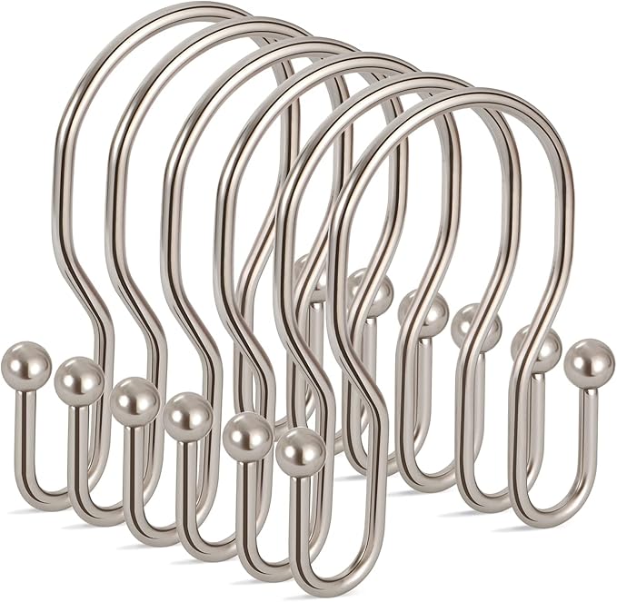 24 Pack Double Shower Curtain Hooks Rings, TENOVEL Double Sided Shower Curtain Hooks Rust Proof for Shower Curtain, Stainless Steel Bathroom Shower Hangers Rings for Shower Rods, Brushed Nickel