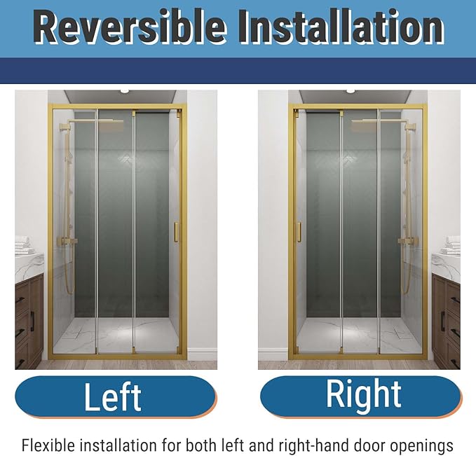 42" W x 78" H 3-Panels Sliding Shower Door, Shower Door Clear 6mm Tempered Glass with Brushed Gold Frame, 3-Panels Sliding Shower Easy to Clean,Three-Panel Synchronized Shower Sliding Door