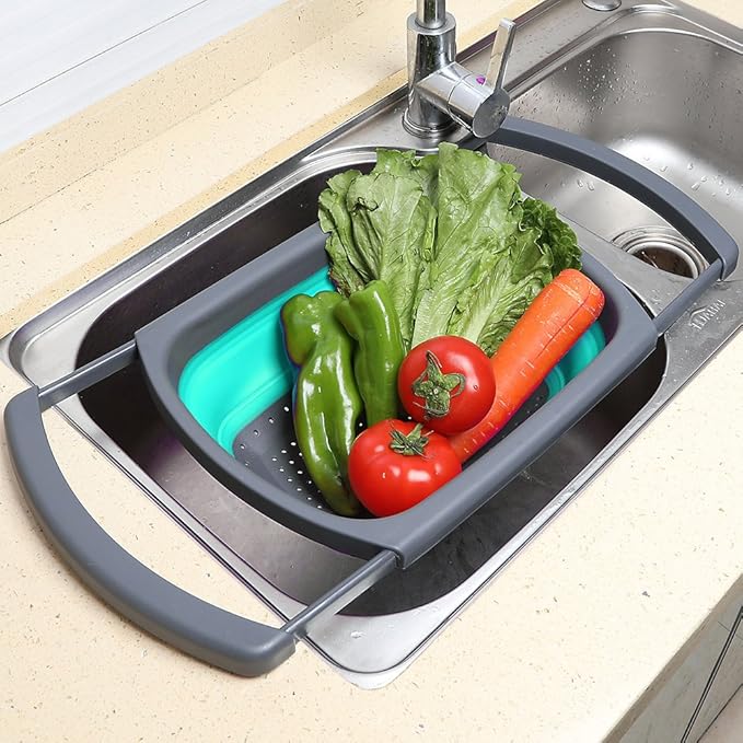 Qimh Colander collapsible, Colander Strainer Over The Sink Vegetable/Fruit Colanders Strainers With Extendable Handles, Folding Strainer for Kitchen,6 Quart
