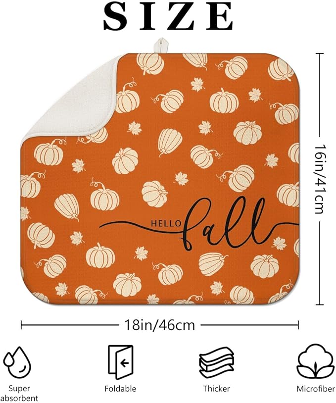 Fall Dish Drying Mat for Kitchen Counter,Orange Autumn Pumpkin Maple Leaf Pattern Microfiber Drying Mat,Washable Absorbent Countertop Harvest Thanksgiving Dish Mat Drain Mat,16x18 Inch