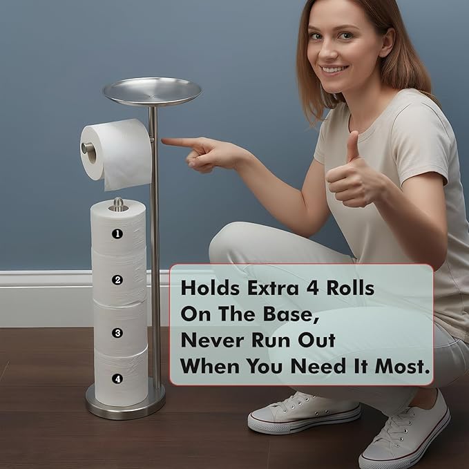Freestanding Toilet Paper Holder with Shelf, Toilet Paper Stand with Storage for Holding Extra 4 Toilet Paper Rolls (Brushed Nickel)