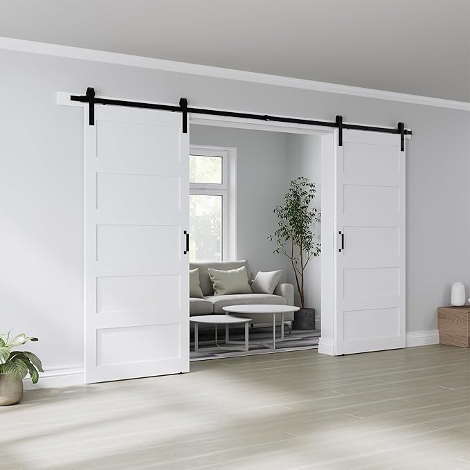 Double 40" x 84" White Barn Door with 14FT Sliding Door Hardware Kit Included, 5-Panel, Assemblely Needed, Waterproof PVC Surface, Max Opening 78in x 82in