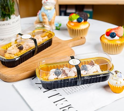 50 Pack Mini Cake Pans with Lids and Spoons Black Gold Rectangular Aluminum Foil Baking Pans Mini Cheesecake Containers(6.8oz)