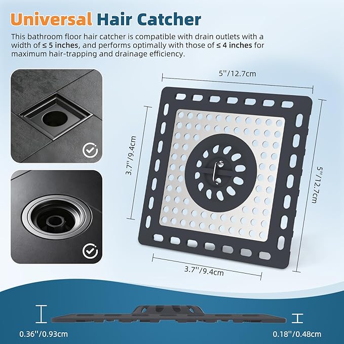 Hibbent Upgraded Shower Drain Hair Catcher for Bathroom Floor 4" Drain, Anti-Clogging Shower Drain Cover, Stainless Steel & Silicone Drain Strainer with Handle, Shower Drain Protector, Dark Grey