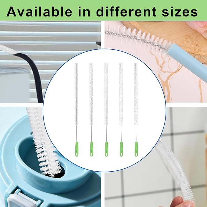 5pcs Extra Long Pipe Cleaning Brush, 15.16in/38.5cm Small Nylon Straw Cleaner Brush Set Multi-Purpose Cleaning Tool for Water Bottle Tube Kitchen Bathroom Sink Sewer Hair Dredge (Green White)