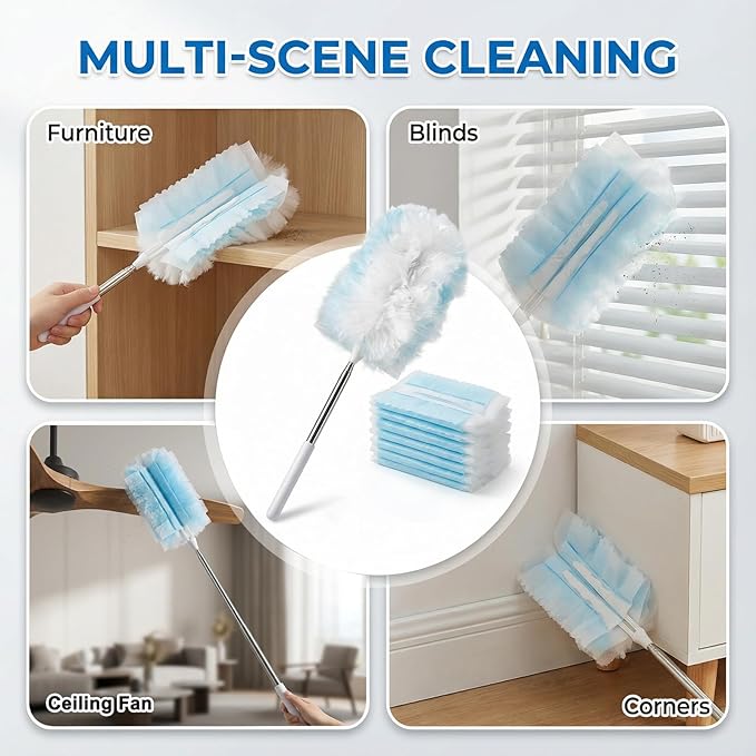 122 Count Heavy Duty Duster Refills with 2 Pack Extendable Handle, Disposable Duster Refills for Ceiling Fans, Blinds & Sofa, Compatible with Most Handles