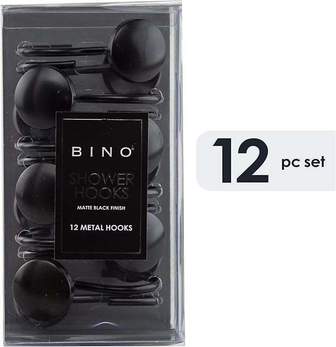 BINO | Shower Curtain Hooks - Matte Black- Set of 12 | Hooks Shower Curtain | Shower Curtain Rings Hooks | Rust Proof Shower Curtain Hooks | Bathroom Shower Hooks for Curtain | Bathroom Essentials
