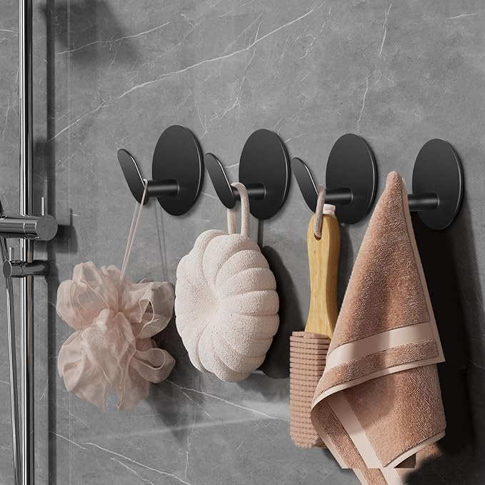 Adhesive Hooks for Bathrooms, 4 Piece Towel Hooks for Hanging Hat Robe Coat, Stick on Hooks for Kitchens, Strong Self-Adhesive No Damage Waterproof Stainless Steel Sticky Hook (Black)