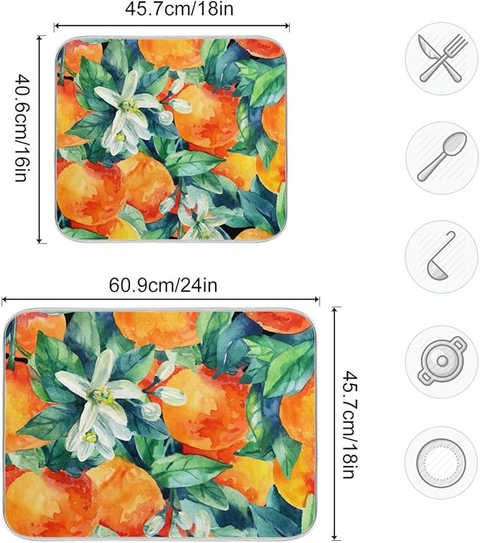 Tarity Watercolor Orange Dish Drying Mat for Kitchen Counter Absorbent Heat Resistant Microfiber Dishes Drainer Mat 18x24 in Large Dish Pad Sink Mat Protective Pad Kitchen Decor