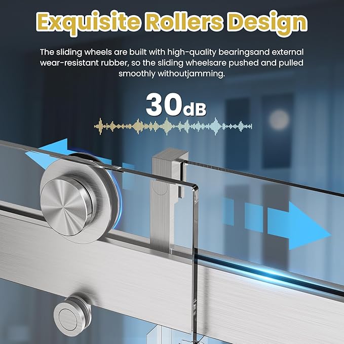 Shower Door 68–72in W x 76 in H, 3/8" Tempered Glass Sliding Shower Door, Frameless Brushed Nickel, Soft-Close with Buffer, Reversible Installation for Modern Bathroom