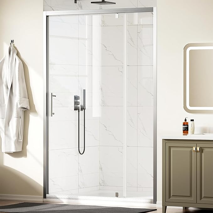 WinZo 47-48" W ×72" H Pivot Shower Door, 1/4"(6mm) SGCC Clear Tempered Glass Shower Door with Explosion Film, Nano Easy-Clean Coating, Reversible Installation, Brushed Nickel