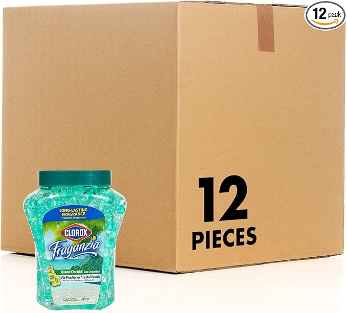 Clorox Fraganzia Crystal Beads Air Freshener, Long Lasting Room Deodorizer and Odor Eliminator Gel Beads to Freshen Home, Car, or Office, Island Orchid Scent, 12 Fl Oz - 12 Pack