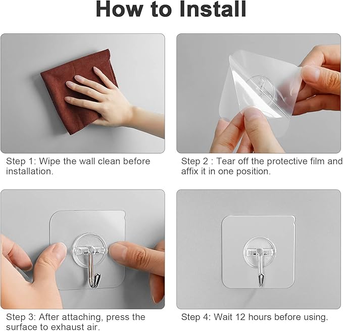 Adhesive Hooks Removable Wall Hook 13 LB Ceiling Hooks Transparent Seamless Waterproof and Oil Proof for Cabinet Kitchen Bathroom Ceiling Office Window 24 Pack