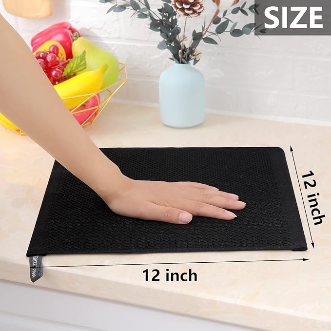 Homaxy 100% Cotton Waffle Weave Kitchen Dish Cloths, 4-Pack Ultra Soft Absorbent Dish Towels, Quick Drying Dish Rags, 12 x 12 Inches, Black