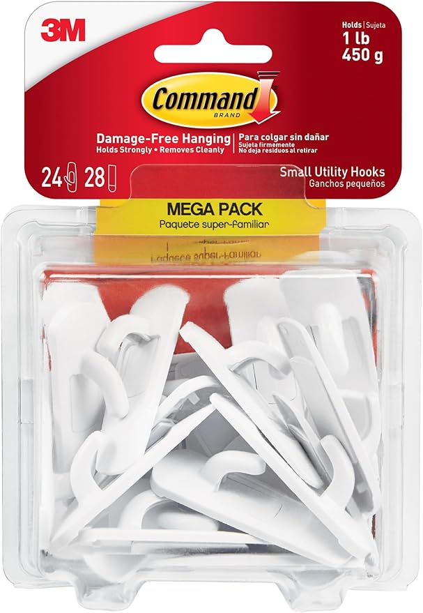 Command Small Utility Hooks, 24 Hooks and 28 Strips, Damage-Free Hanging Wall Hooks with Adhesive Strips, No Tools Adhesive Hooks for Hanging, Organization and Storage, Holds up to 1 lb
