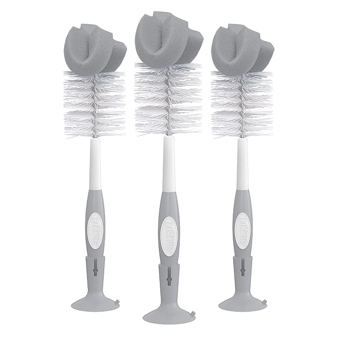 Dr. Brown's Reusable Sponge Baby Bottle Cleaning Brush Set with Suction Cup Stand,Scrubber and Nipple Cleaner,Gray,(Pack of 18)