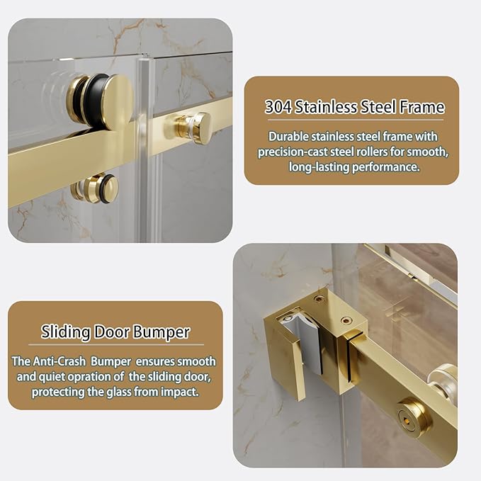 56-60" W x 74" H Frameless Sliding Shower Door, 5/16"(8mm) Clear Tempered Glass, Premium SUS304 Stainless Steel Hardware, Double Nano Coating, JVR-X02 (Brushed Gold)