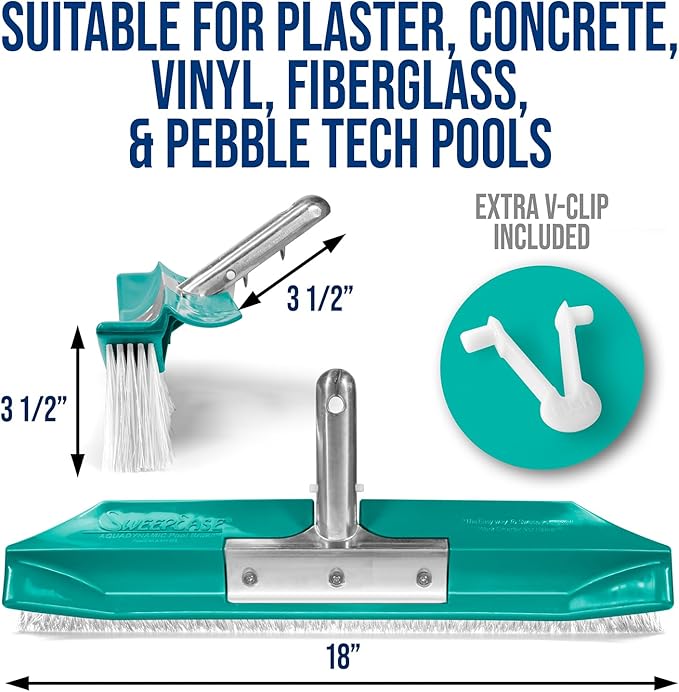 SweepEase® Swimming Pool Brush, 18" Pro Series Pool Brush, Durable Poly Bristles, Sticks to Walls and Floor Guaranteed, Green, Patented Design