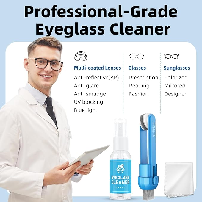 Glasses Cleaner Eyeglass Cleaning Kit, Lens Cleaners Spray with Microfiber Cloth, Portable Glasses Cleaning Kit for Travel, Safe Eyeglasses Cleaner Tool, No Streaks Scratch, SkyBlue